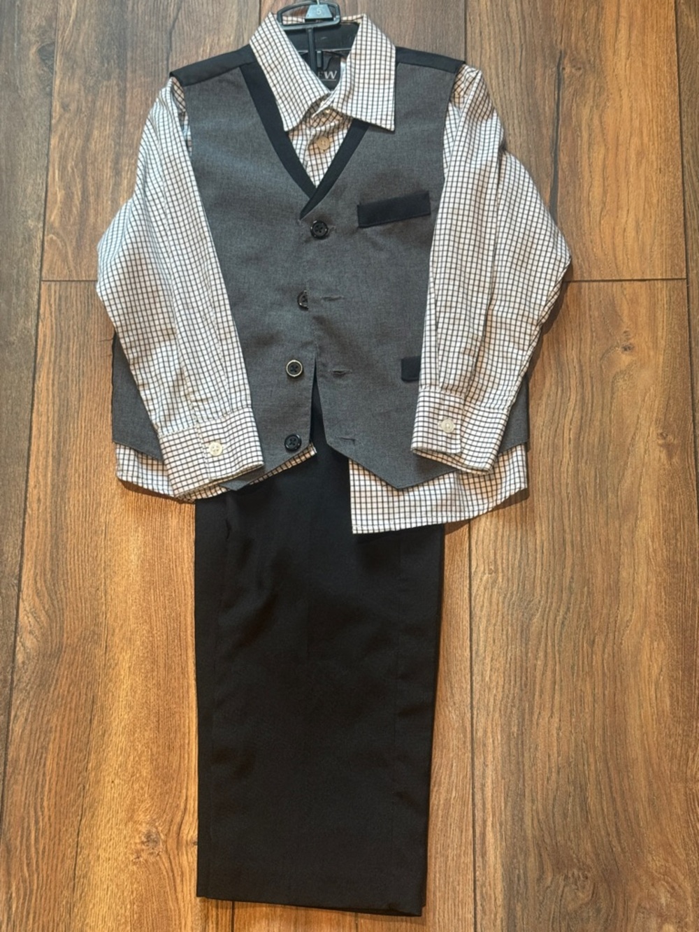 Boys Grey Vest & Black Pants Suit Dress Set with Checked Shirt